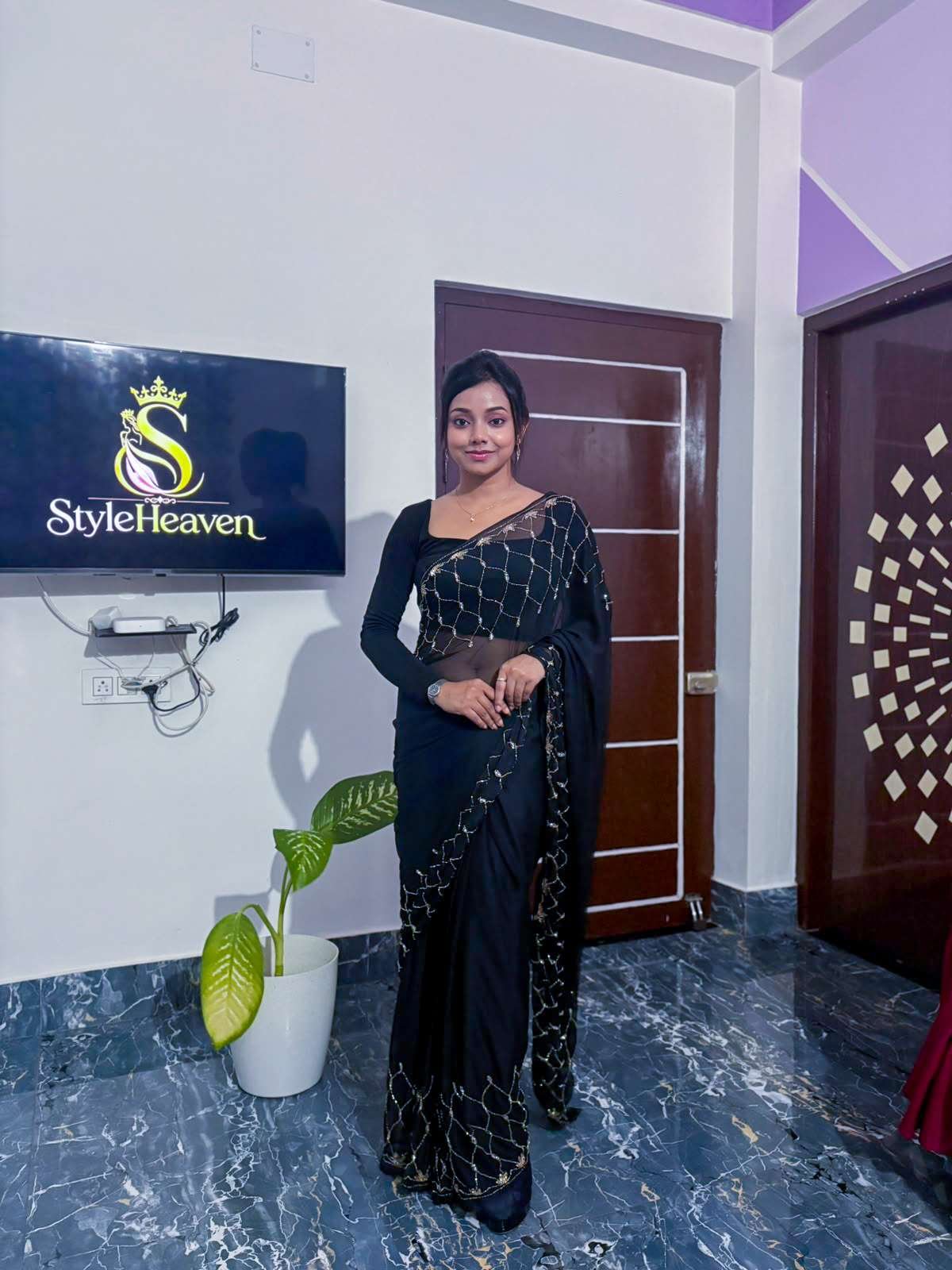 Black Cutdana Chiffon Saree with Blouse Piece